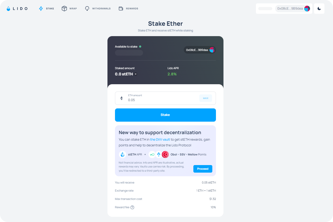 Staking ETH on Lido